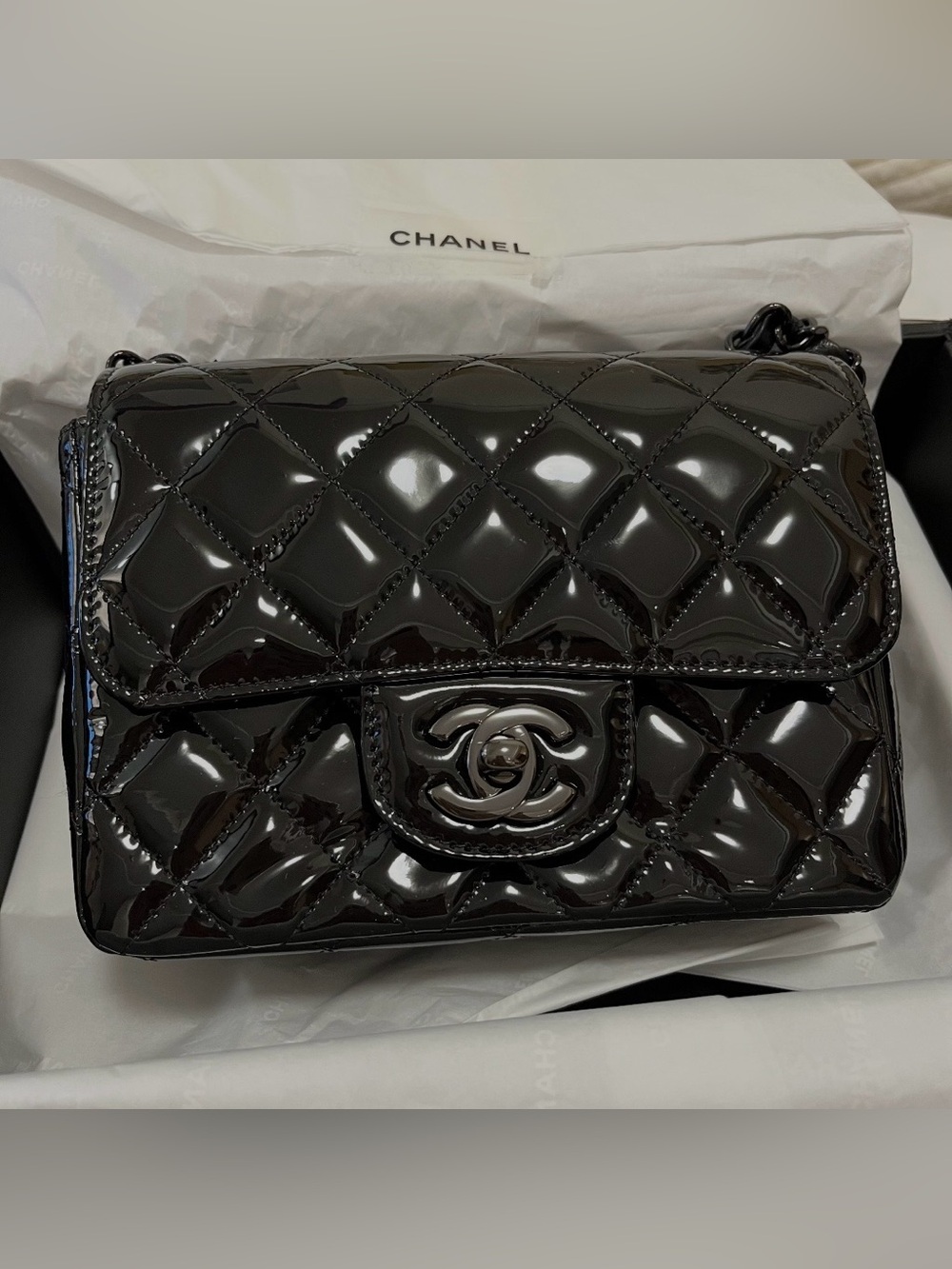 CHANEL So Black Patent Quilted Mini Flap Shoulder Bag